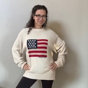 Vng 1990s Disney Resorts Mickey Mouse American Flag Knit Sweater Beige USA sz L